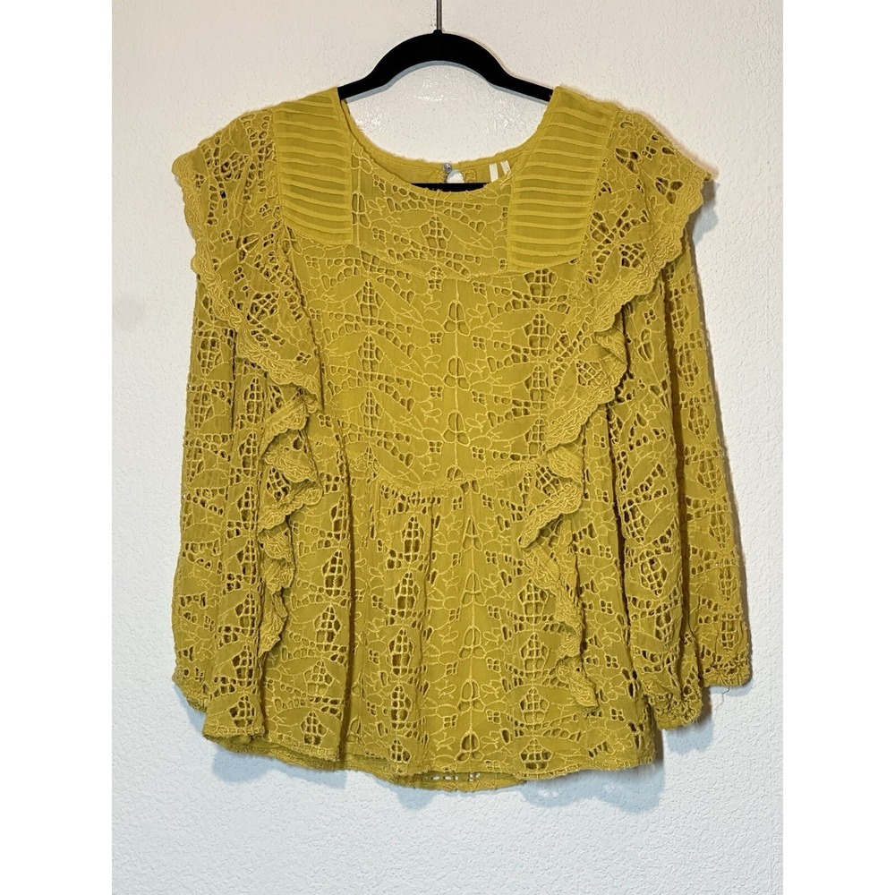 Anthropologie Sz  8 Yellow Boho Long Sleeve Crochet Ruffle Blouse Cottagecore‎